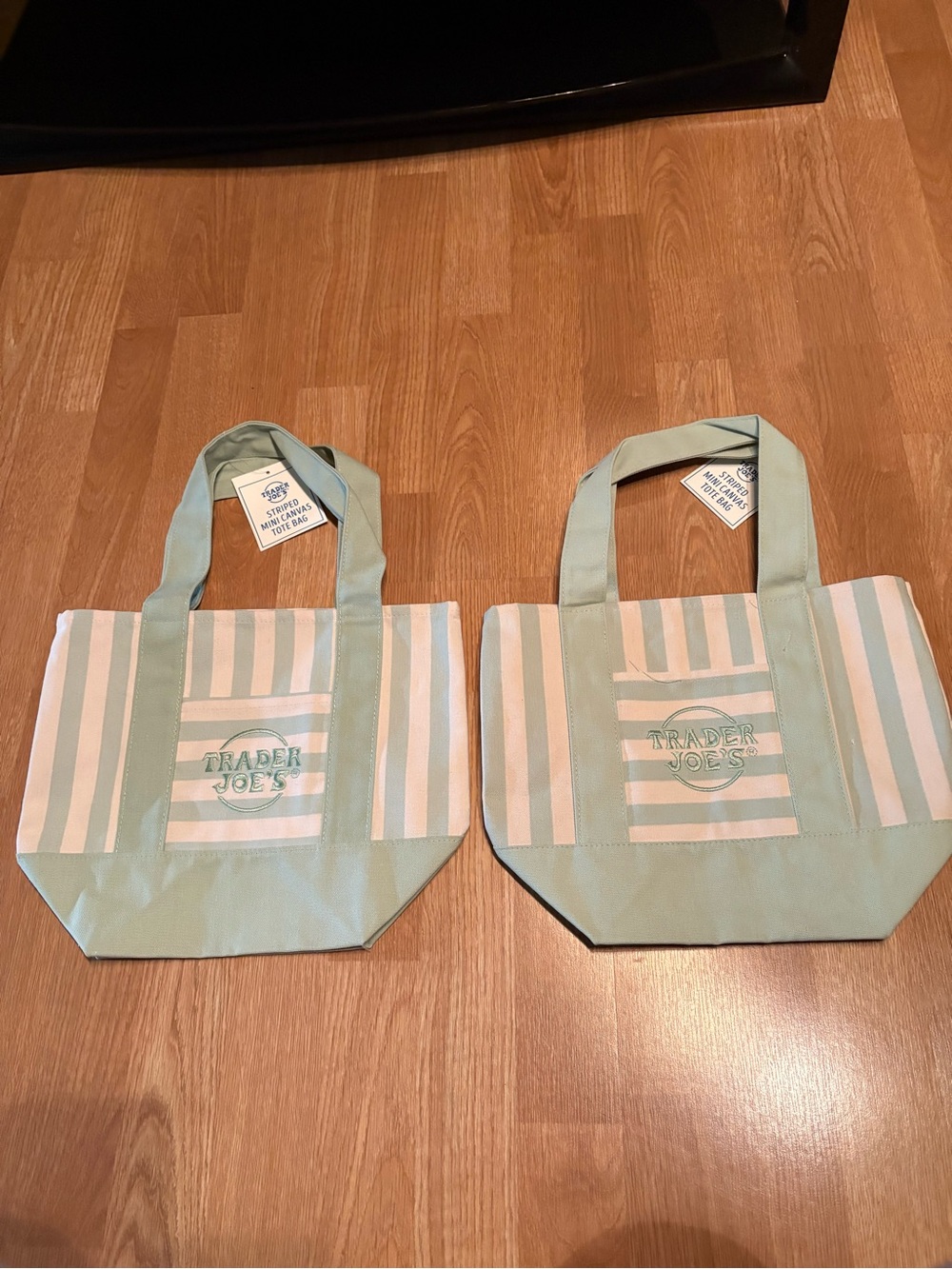 Trader Joe’s Mint & Cream Mini Stripe Canvas Tote Bag, Set of 2